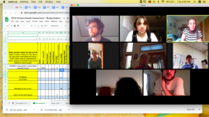 [LEFT TO RIGHT, TOP TO BOTTOM]: Stephen Hilton, Lindsay Calka, Jessi Averill, Lucy Miller, Susan Beckett, Glenn Gates, Shoshana Mandel, and Michael Corrigan meeting via zoom to determine Groundcover news vendor needs for the week (food, bill assistance, unemployment filing, etc) using the optiMize grant to fund this initiative. Image credit: Lindsay Calka