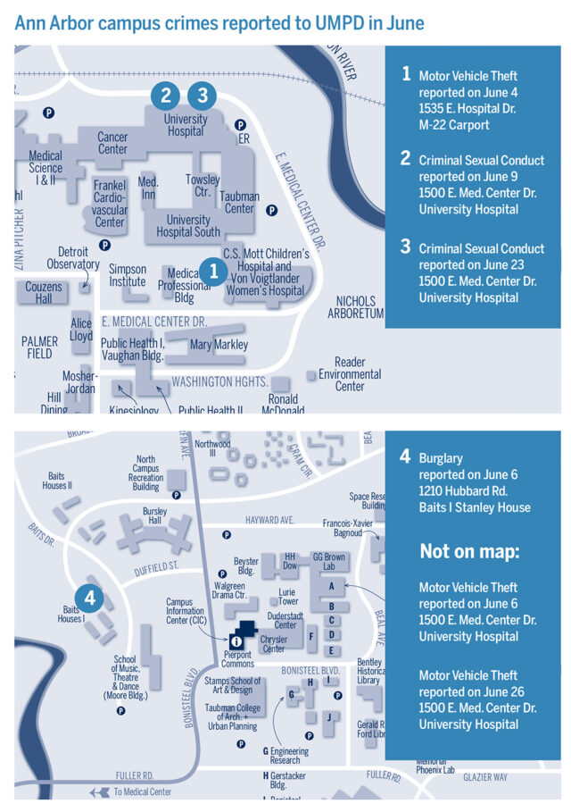 Map shows locations of crimes reported at U-M in June.