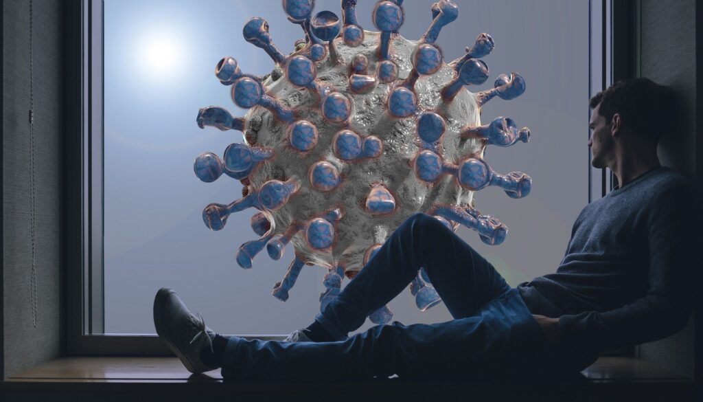A man looks out a window with a virus. Image credit: Gerd Altmann via Pixabay.com