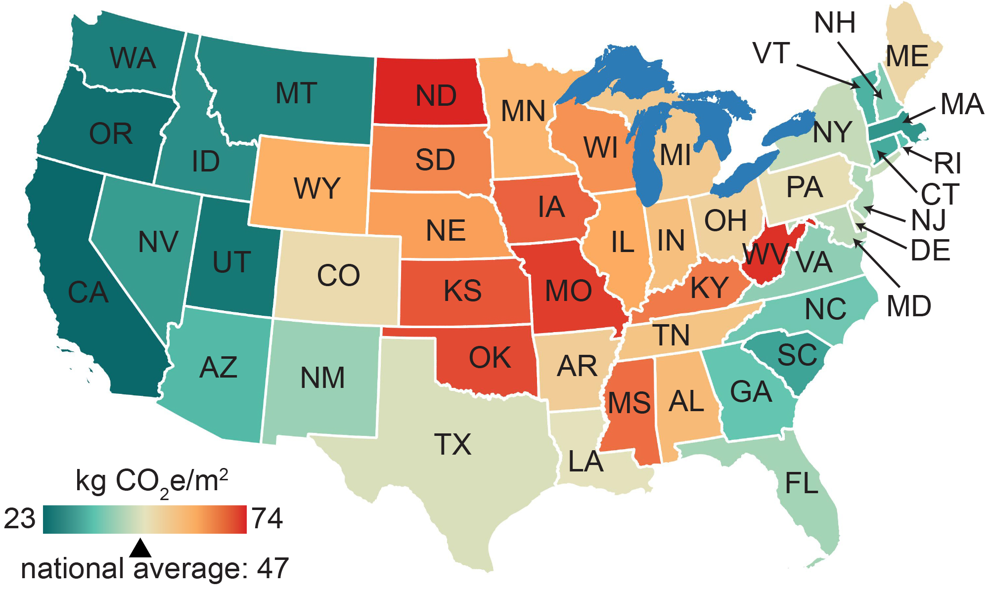 Greenhouse gas intensity of U.S. homes in 2015 by state. Household GHG intensity is a measure of the emissions per square meter of residential floor space and takes into consideration the types of fuels used to generate electricity at a given location. Emissions are expressed in kilograms of carbon dioxide equivalents per square meter (kg CO2-e/m2). Image credit: Benjamin Goldstein, from Goldstein et al. in PNAS (2020)