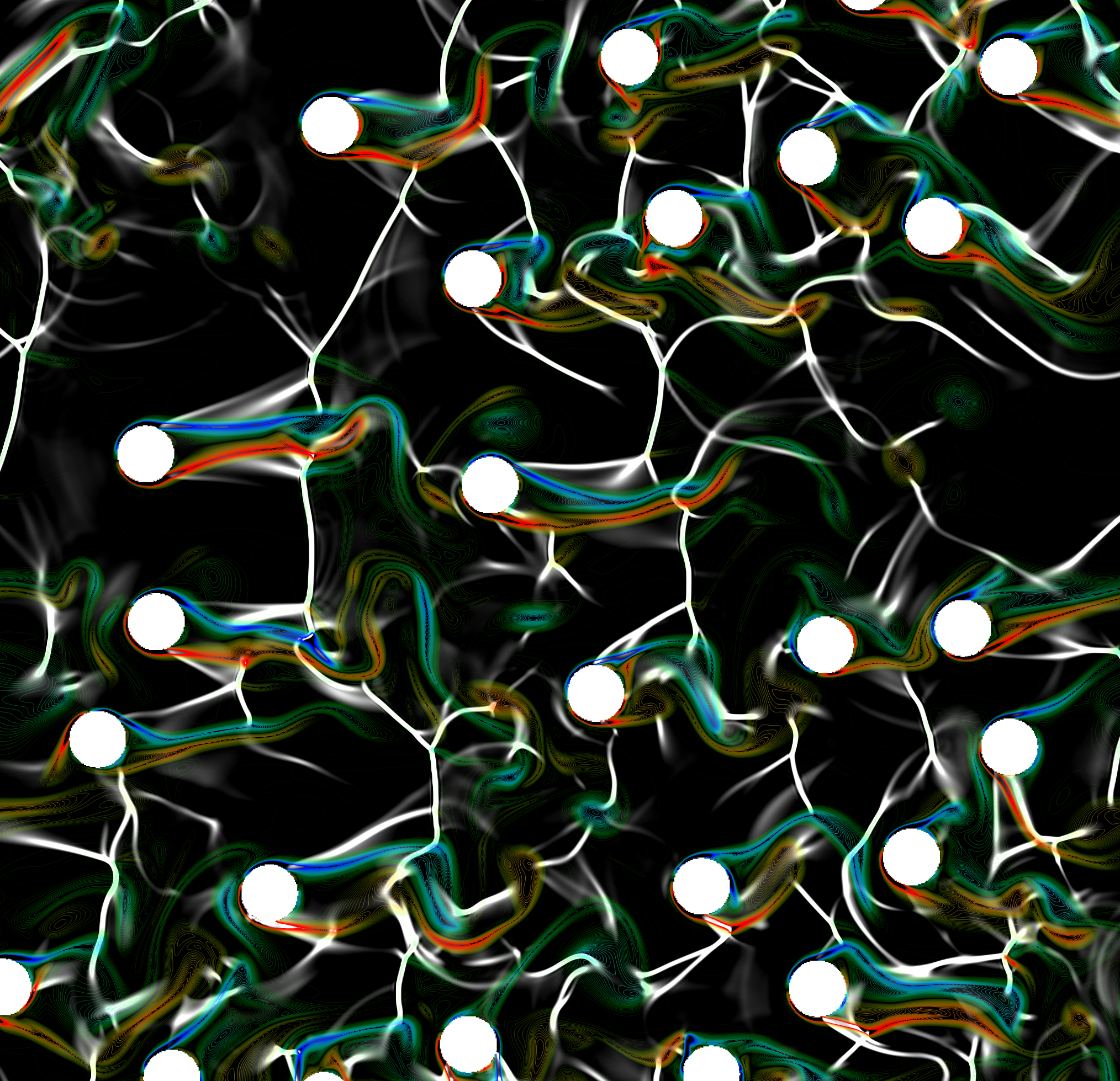 Simulation showing shock waves (black/white) and wakes (color) past solid particles in a fluid flow. Image credit: Capecelatro Research Group, Michigan Engineering