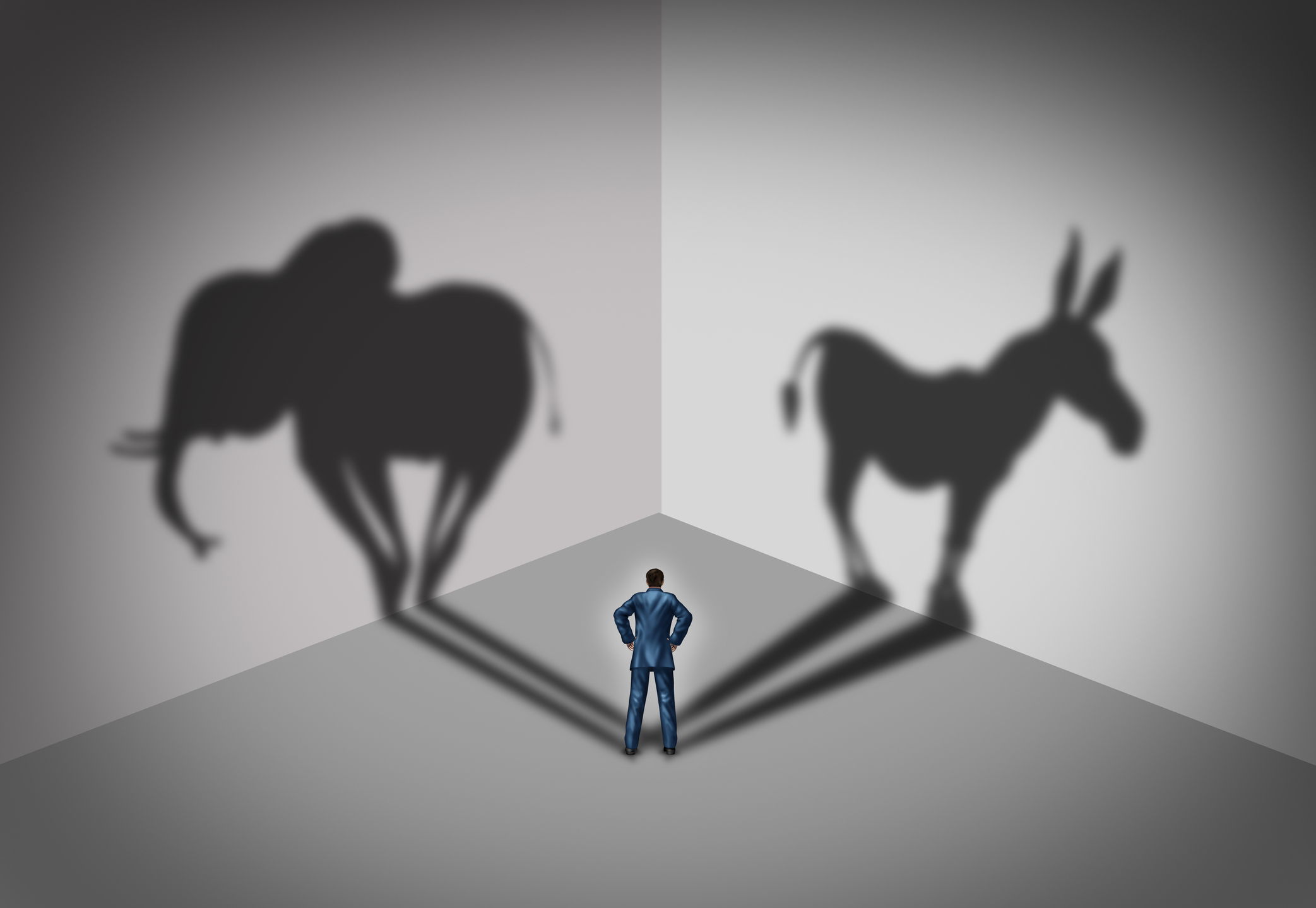 Republican and democrat voter concept as a symbol of an American election political identity campaign choice as two United States political parties shaped as an elephant and donkey in a 3D illustration style. Image credit: wildpixel
