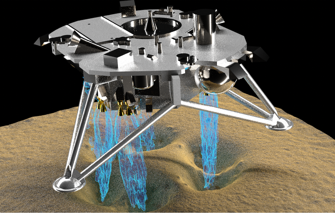 A simulation of a spacecraft descent and plume-induced surface cratering using the Gas-Granular Flow Solver. Image credit: Manuel Gale, CFD Research Corporation
