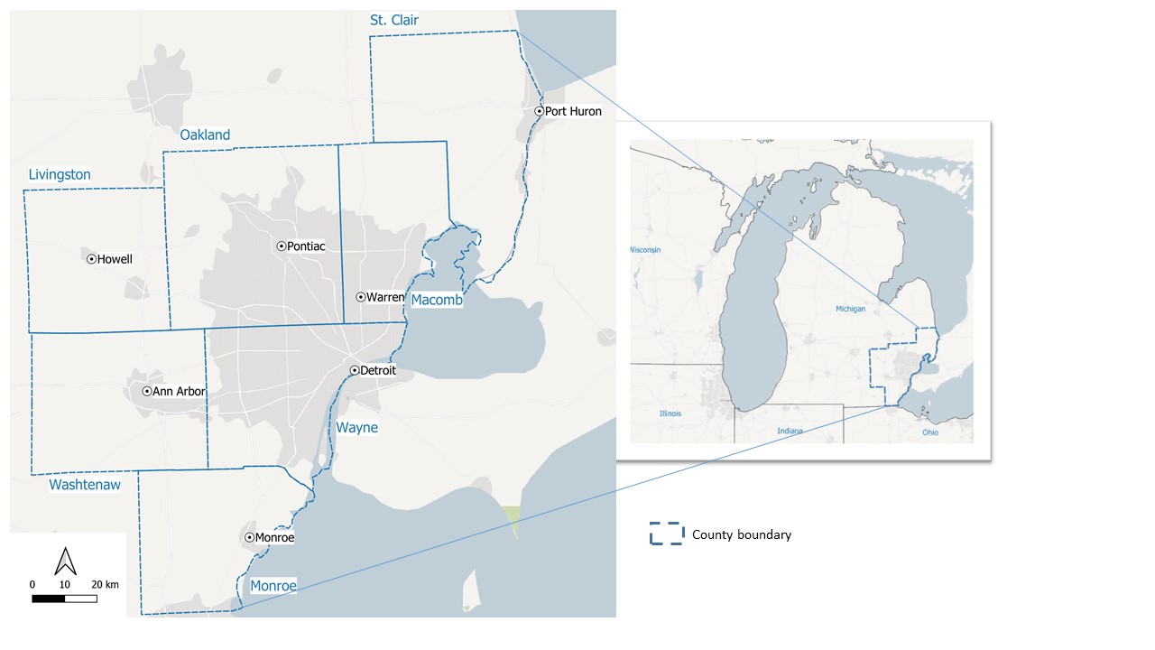 The seven-county Southeast Michigan study area used in a new University of Michigan analysis of the relationship between forested areas and urban sprawl. Image credit: Gounaridis et al. in Landscape Ecology, July 2020.