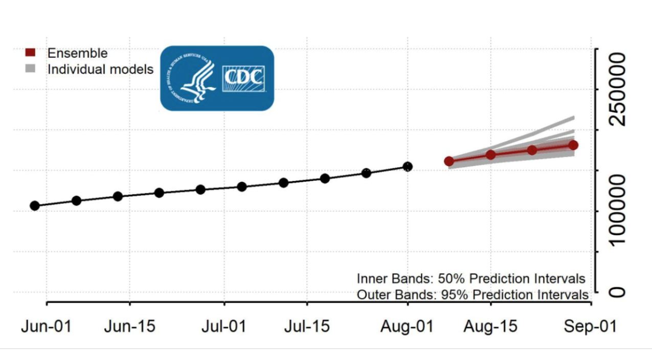 The CDC’s weekly predictions are a product of an ensemble collected by the COVID-19 Forecast Hub.