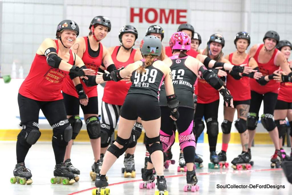 Devon Kinney, far left, whose roller derby name is Dark Ayn Stormy, competes for Quad County Roller Derby. Kinney serves as project manager in Michigan Medicine’s Department of Family Medicine. (Photo courtesy of Soul Collector/DeFord Designs)