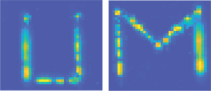 This message will self-destruct in seven days, or it can be erased with a flash of blue light. Written with UV light, the letters are marked out by molecules that shrink by storing energy, stretching the atoms of the semiconductor above. This shifts the light emitted by the semiconductor to longer wavelengths, represented in the visible spectrum by yellow on a blue background. Image credit: Che-Hsuan Cheng, Excitonics and Photonics Lab, University of Michigan.