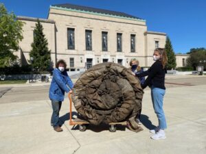 Institute for the Humanities staff prepare the jute sacks from Ghana for installation.
