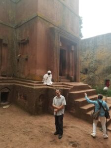 Ron Eglash, a professor at the University of Michigan School of Information and Penny W. Stamps School of Art and Design, discussed fractal patterns at a 1,000 year old Ethiopian church during the filming of "Enslaved." Image credit: Ron Eglash. 