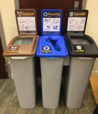 A new Where to Throw search tool builds on standardized waste bins and signs to help campus users sort waste properly. (Photo courtesy of the Office of Campus Sustainability)