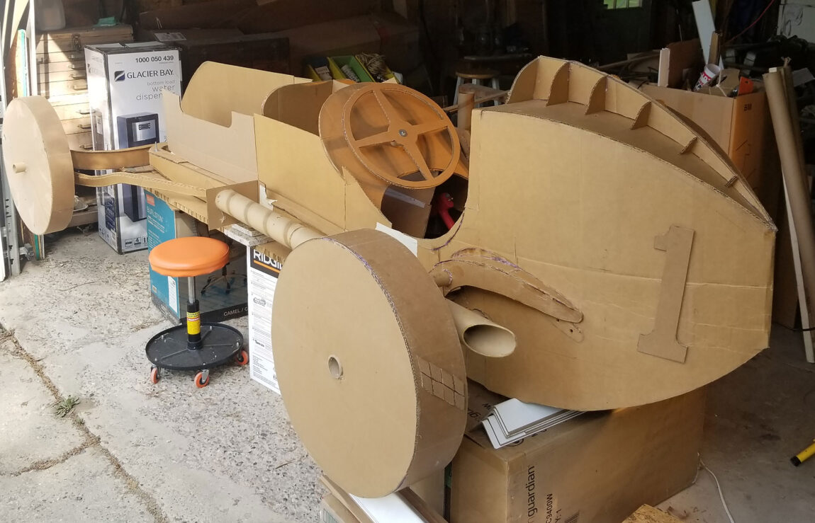 Gary Bohas is building a cardboard replica of a race car similar to one his father used to race. (Photo courtesy of Gary Bohas)