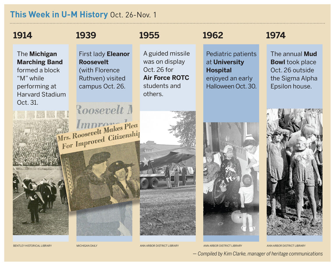 On Oct. 31, 1914, the Michigan Marching Band formed a block "M" while performing at Harvard Stadium. Read about some of the other things that happened in U-M history during the week of Oct. 12-18.