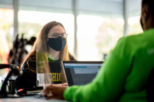 Lindsey Haughton, an undergrad in the College of Literature, Science, and the Arts, was the first student to officially register to vote at the UMMA's. Image credit: Eric Bronson