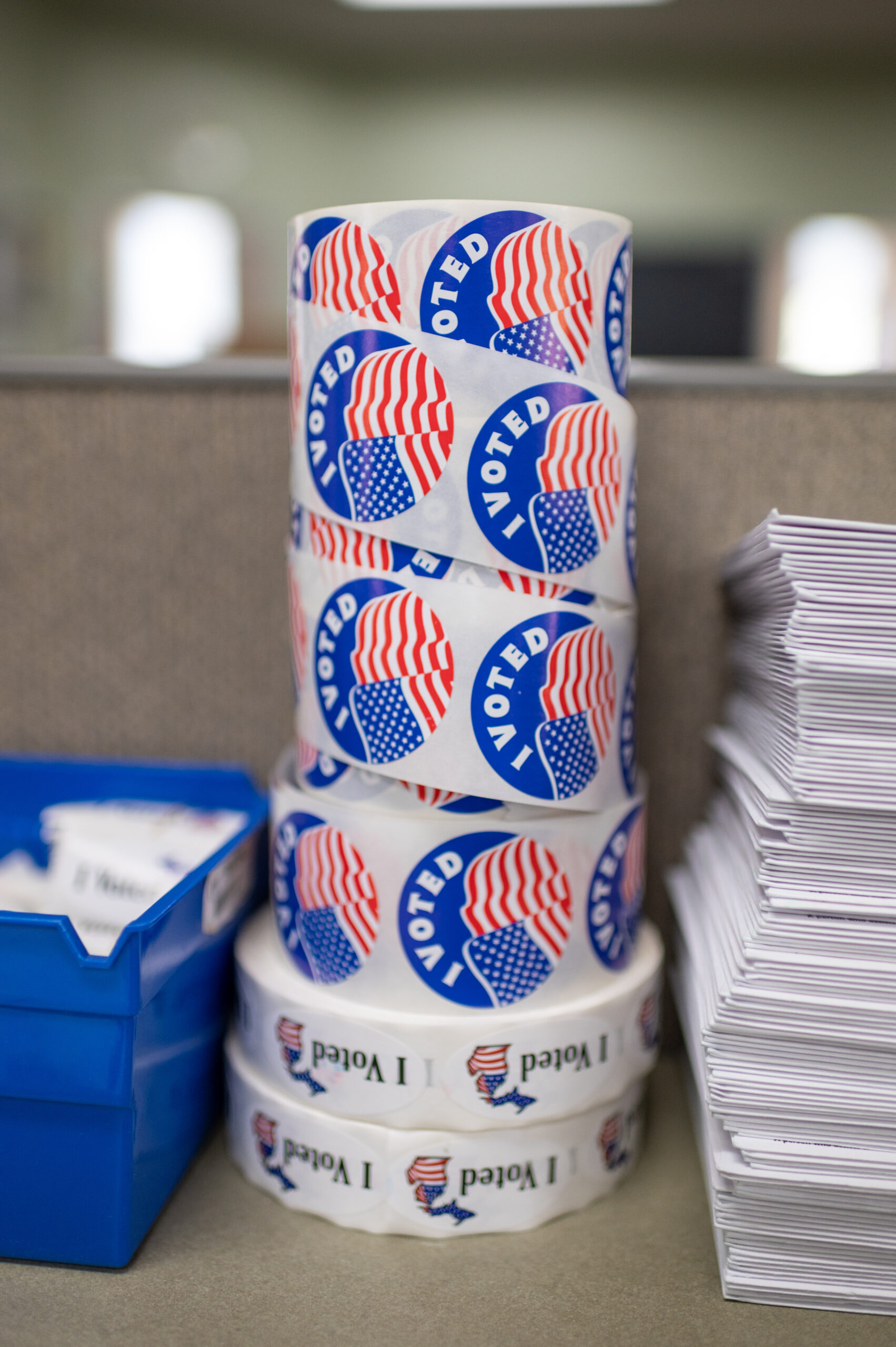 Roll of 'I Voted' stickers at the Ferndale's clerk office. Image credit: Eric Bronson, Michigan Photography