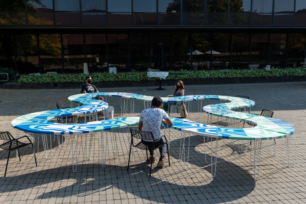 Faculty, students and staff at the Taubman College of Architecture and Urban Planning created a "socially distanced" courtyard installation for the U-M Art and Architecture building. Image credit: Eric Bronson, Michigan Photography