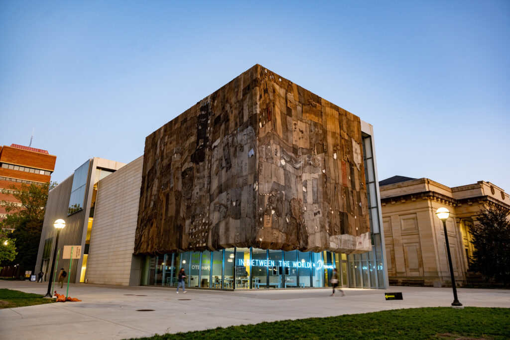 Ibrahim Mahama's installation at the University of Michigan Institute for the Humanities Gallery includes elements of audio and video and can be viewed from the sidewalk. Image credit: Eric Bronson, Michigan Photography
