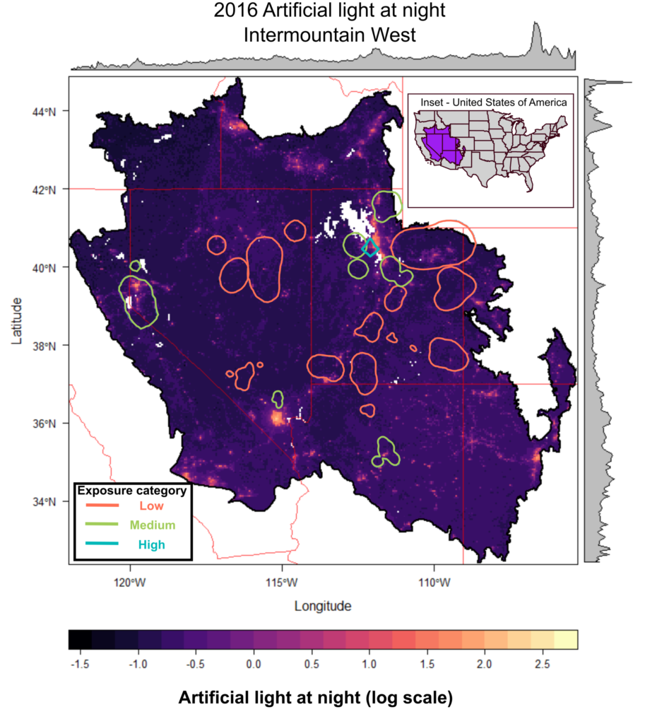Light pollution sources in the intermountain West, based on data obtained from the NASA-NOAA Suomi satellite. Ovals outline  study areas containing locations of cougar-killed mule deer. Brightly illuminated cities visible on the map include Salt Lake City, Utah; Las Vegas and Reno, Nev.; Boise, Idaho; and Albuquerque, N.M. From Ditmer et al. in Ecography, 2020.