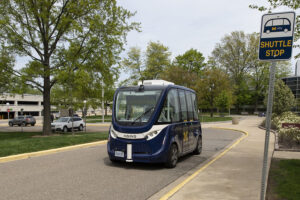 The Mcity Driverless Shuttle makes two stops on the University of Michigan's North Campus on it's one-mile route. Image credit: Roger Hart, Michigan Photography