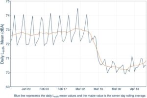 The average levels of noise exposure dropped dramatically after lockdowns started in early March in New York, California and later on in Texas and Florida. More than 500,000 daily noise levels from about 6,000 participants were utilized in the study, the largest dataset for individual noise exposures analyzed to date. 