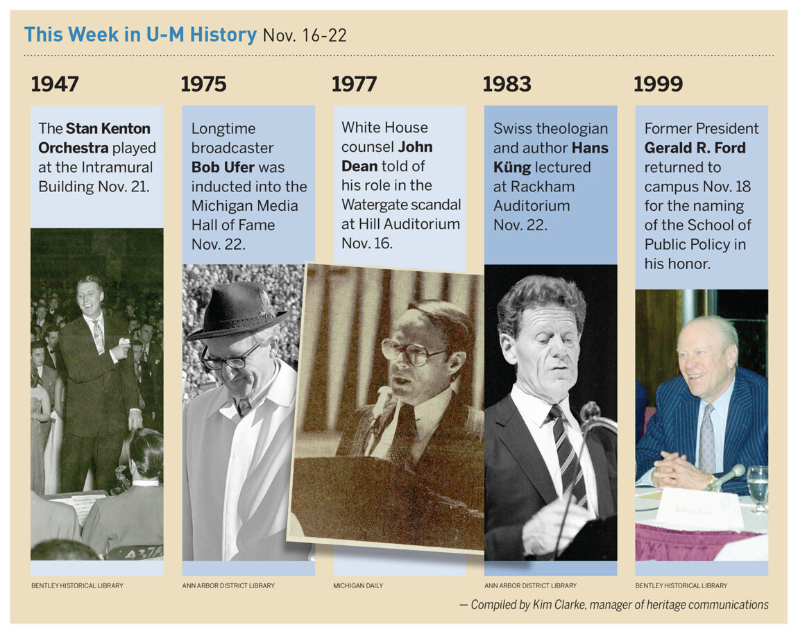 On Nov. 18, 1999, former President Gerald R. Ford returned to campus for the naming of the School of Public Policy in his honor. Read about some of the other things that happened in U-M history during the week of Nov. 16-22.