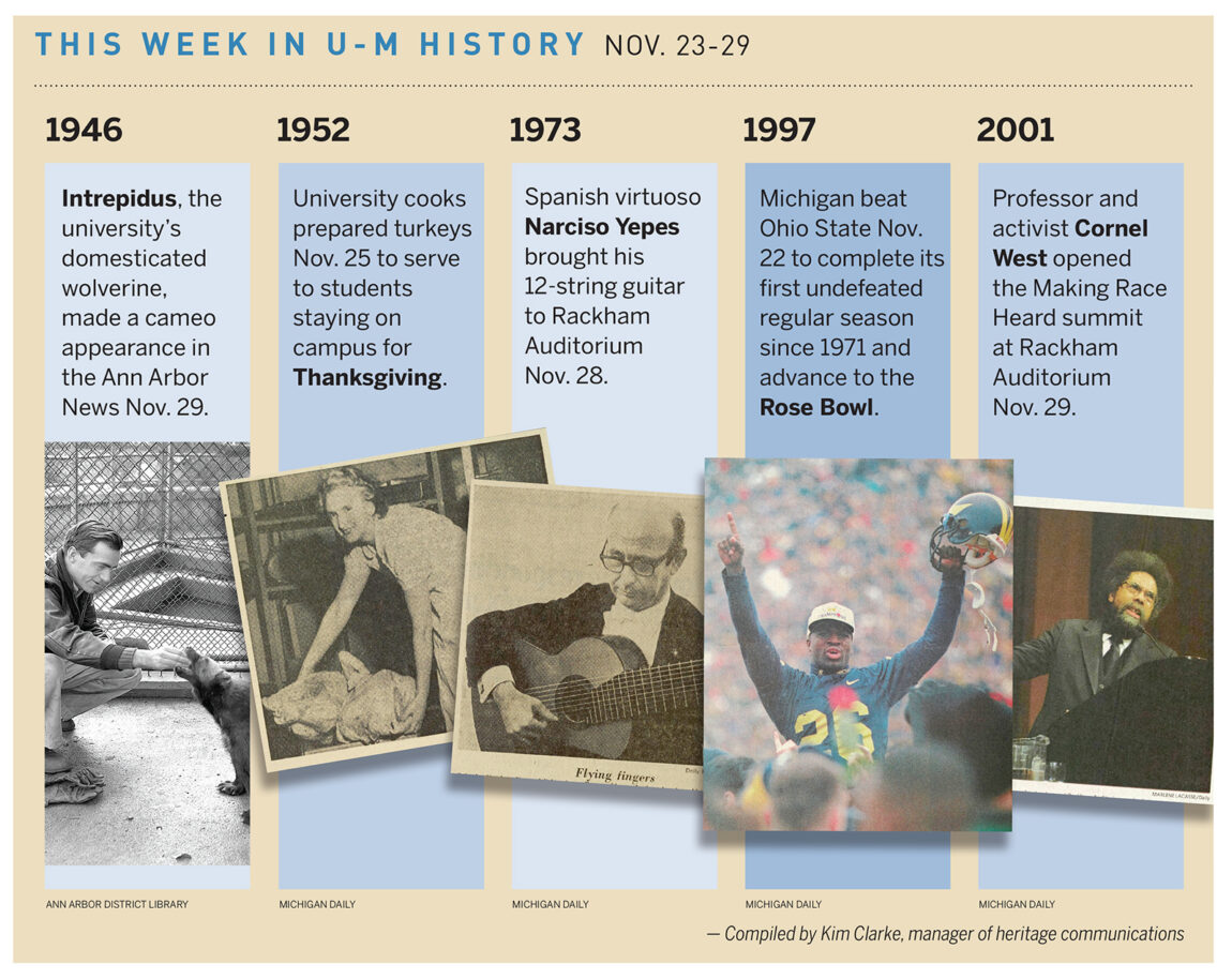 On Nov. 25, 1952, university cooks prepared turkeys to serve to students staying on campus. Read about some of the other things that happened in U-M history during the week of Nov. 23-29. 