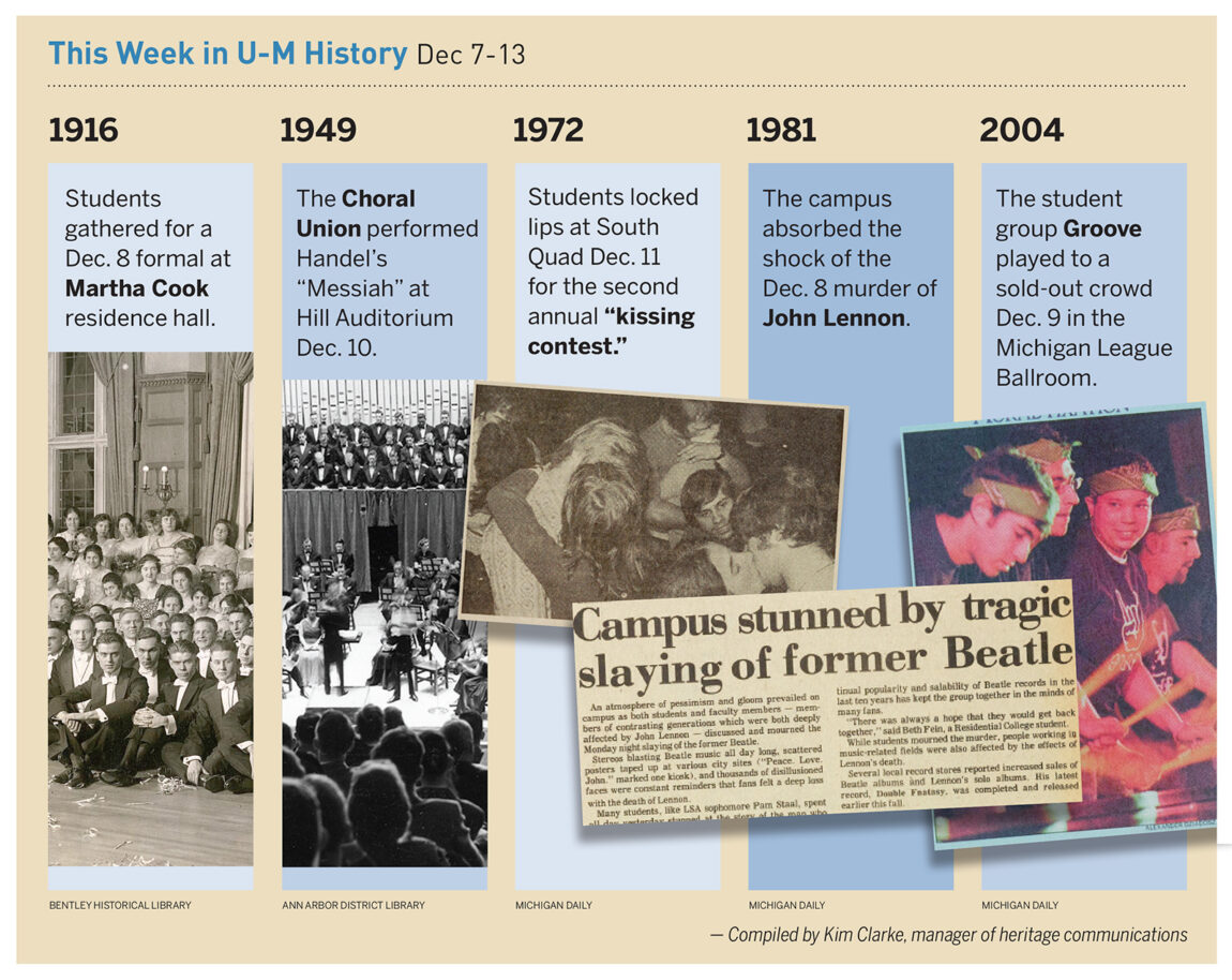 On Dec. 11, 1972, students locked lips at South Quad for the second annual "kissing contest." Read about some of the other things that happened in U-M history during the week of Dec. 7-13. 