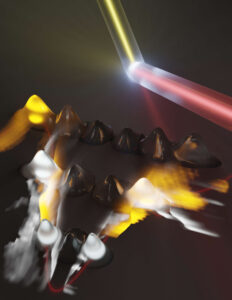 The electrons absorb laser light and set up “momentum combs” (the hills) spanning the energy valleys within the material (the red line). When the electrons have an energy allowed by the quantum mechanical structure of the material—and also touch the edge of the valley—they emit light. This is why some teeth of the combs are bright and some are dark. By measuring the emitted light and precisely locating its source, the research mapped out the energy valleys in a 2D crystal of tungsten diselenide. Image credit: Markus Borsch, Quantum Science Theory Lab, University of Michigan.