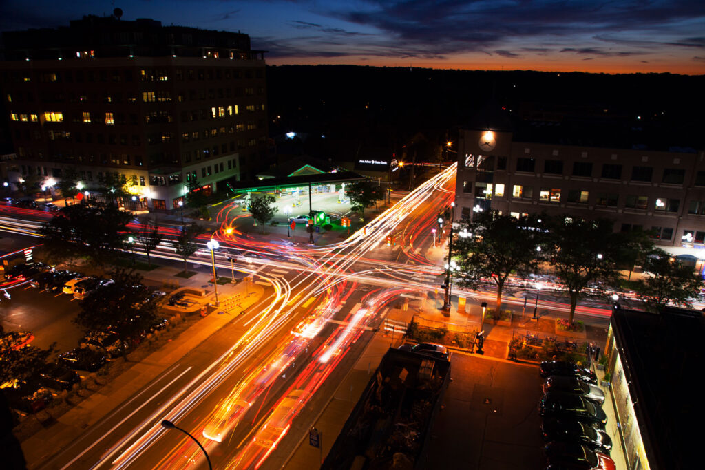 This time-lapse photo shows traffic at an Ann Arbor intersection. (Photo by Marcin Szczepanski, College of Engineering)