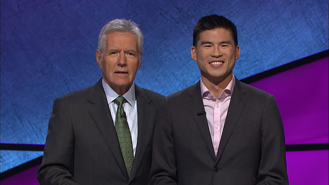 Ian Shin, assistant professor of history and American culture in LSA, is shown with longtime “Jeopardy!” host Alex Trebek in 2017 when he appeared on the show and finished second.