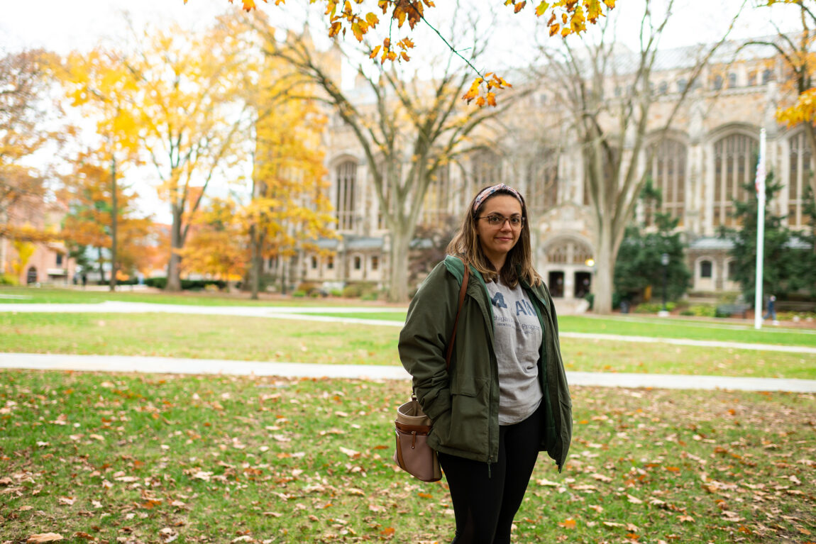 Eni Mihilli, a U-M law student who works at the Workers' Rights Clinic, first learned of the clinic in 2014 when her father was laid off from work and had trouble getting unemployment benefits. (Photo by Eric Bronson, Michigan Photography)