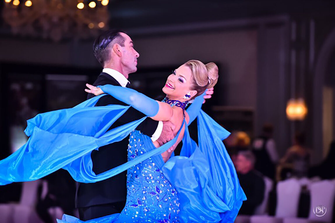 Caroline Coade, assistant professor of viola, dances with her dancing coach, Clive Phillips. They make up a Pro Am couple, which means their pairing includes one professional and one amateur. (Photo courtesy of Caroline Coade)