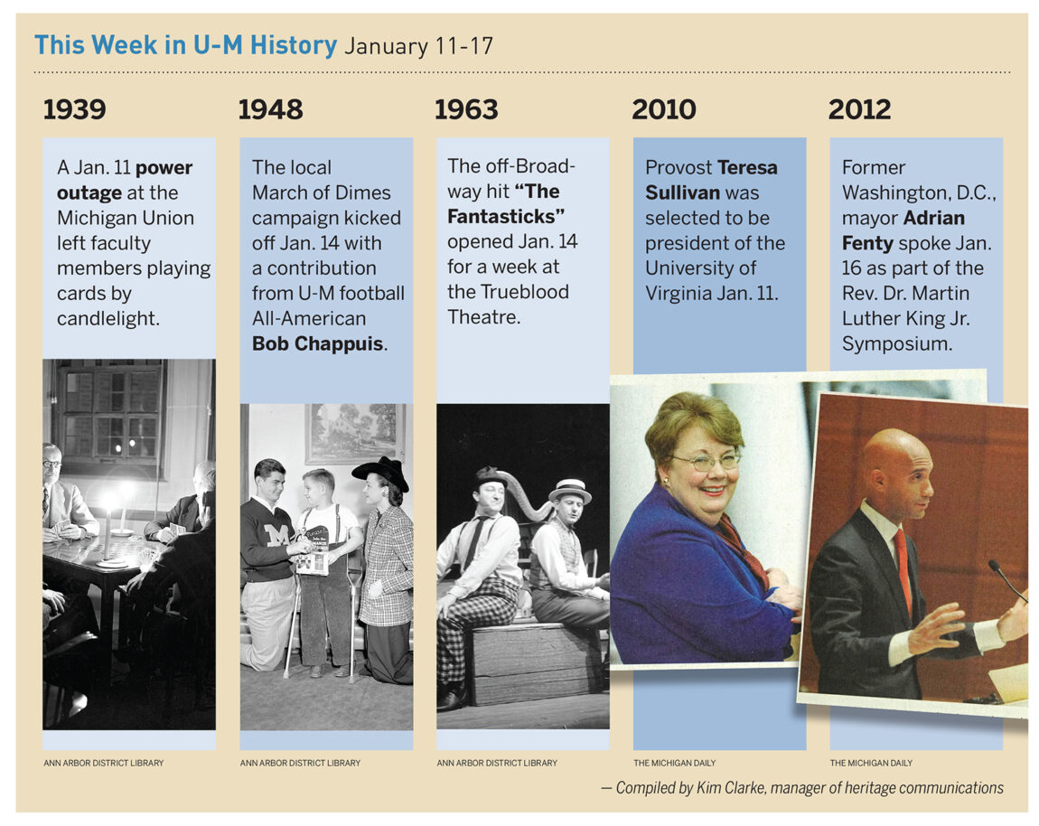 A Jan. 11, 1939, power outage at the Michigan Union left faculty members playing cards by candlelight. Read about some of the other things that happened in U-M history during the week of Jan. 11-17.
