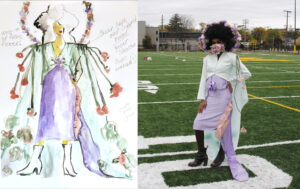 Ayana Evans' sketch of costume worn by vocalist and University of Michigan School of Music, Theatre & Dance student Daelynn Jorif. Students in the University of Michigan's Stamps School of Art & Design created the costumes for Evans' performance as part of professor Rebakah Modrak's "Dressing Up and Down" course.