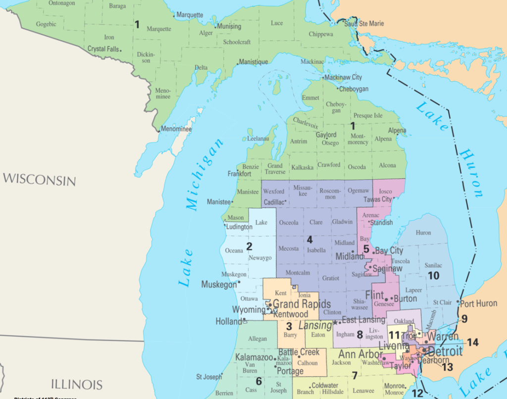 Map of Congressional Districts in the state of Michigan, reflecting district boundaries current to the 113th United States Congress. Image credit: Wikipedia