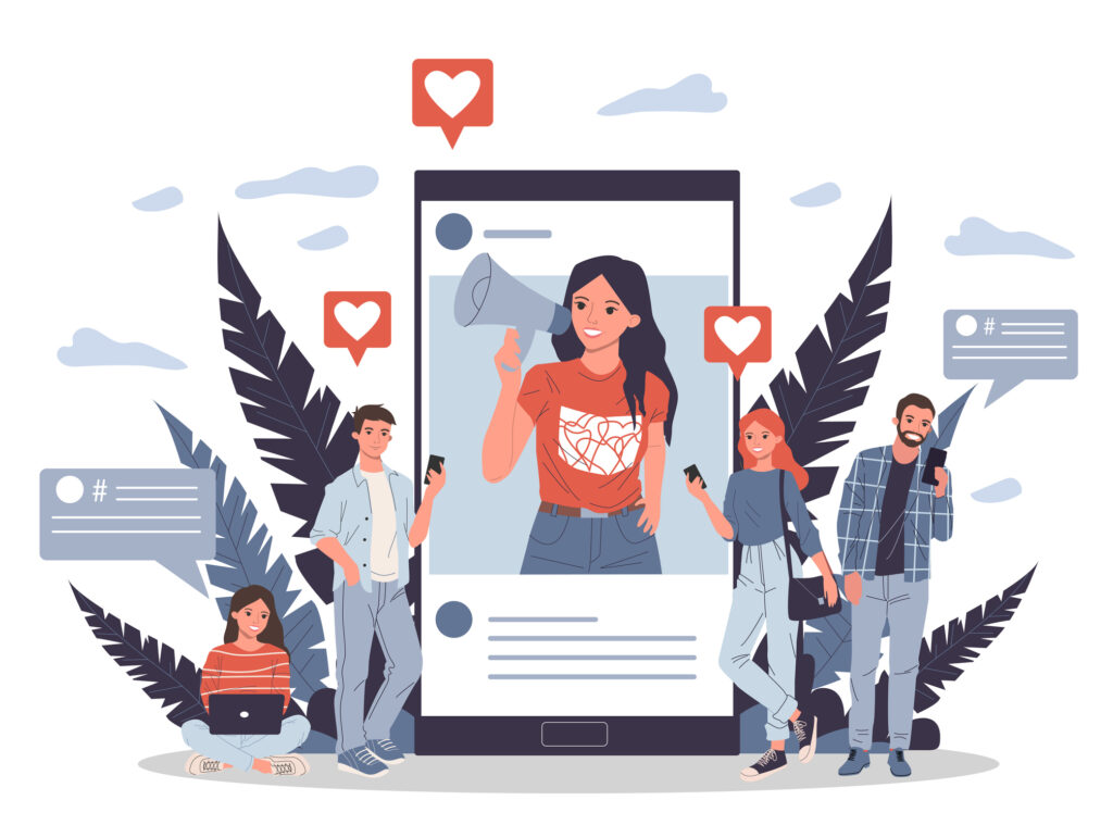 Blogger promoting goods and services for followers online vector illustration. Potential product consumers reading influencer advices. Online engagement communication business, digital marketing. Image credit: iStock