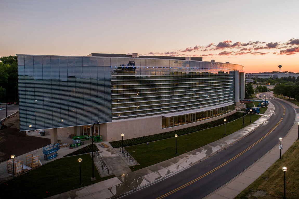 An aerial view of the Ford Robotics Building on North Campus.