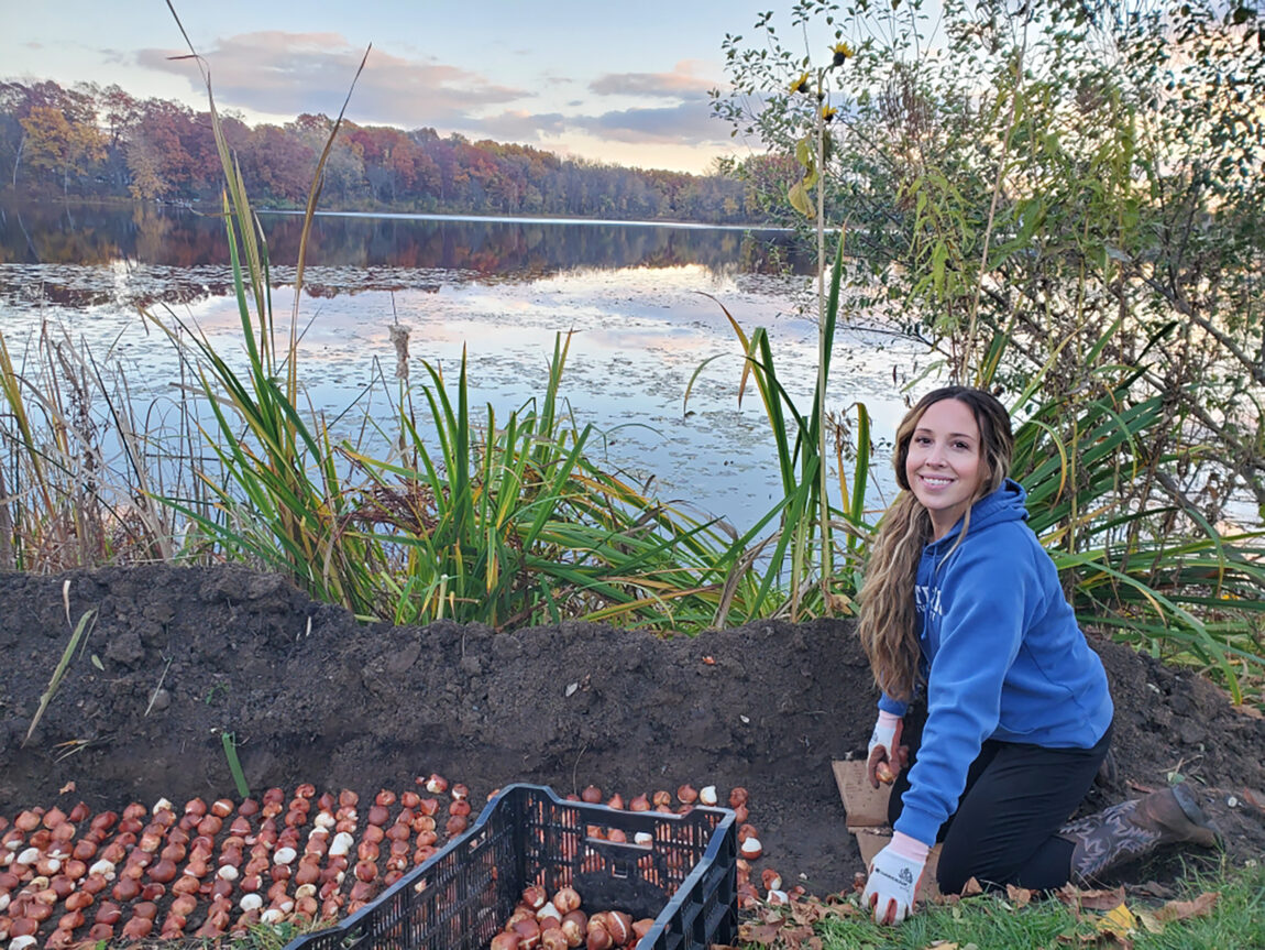 Kasie Meszaros plants bulbs in her lakefront garden at her Brighton home. (Photo courtesy of Kasie Meszaros)