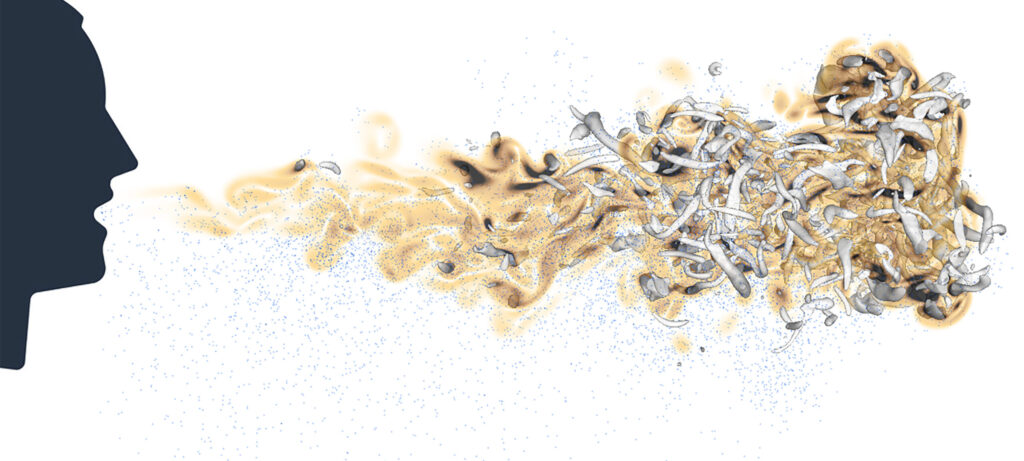 A visualization showing the turbulent airflow approximately one second after a realistic cough. The color shows rotation in the flow, which can accelerate particles. Image credit: Capecelatro Research Group, Michigan Engineering