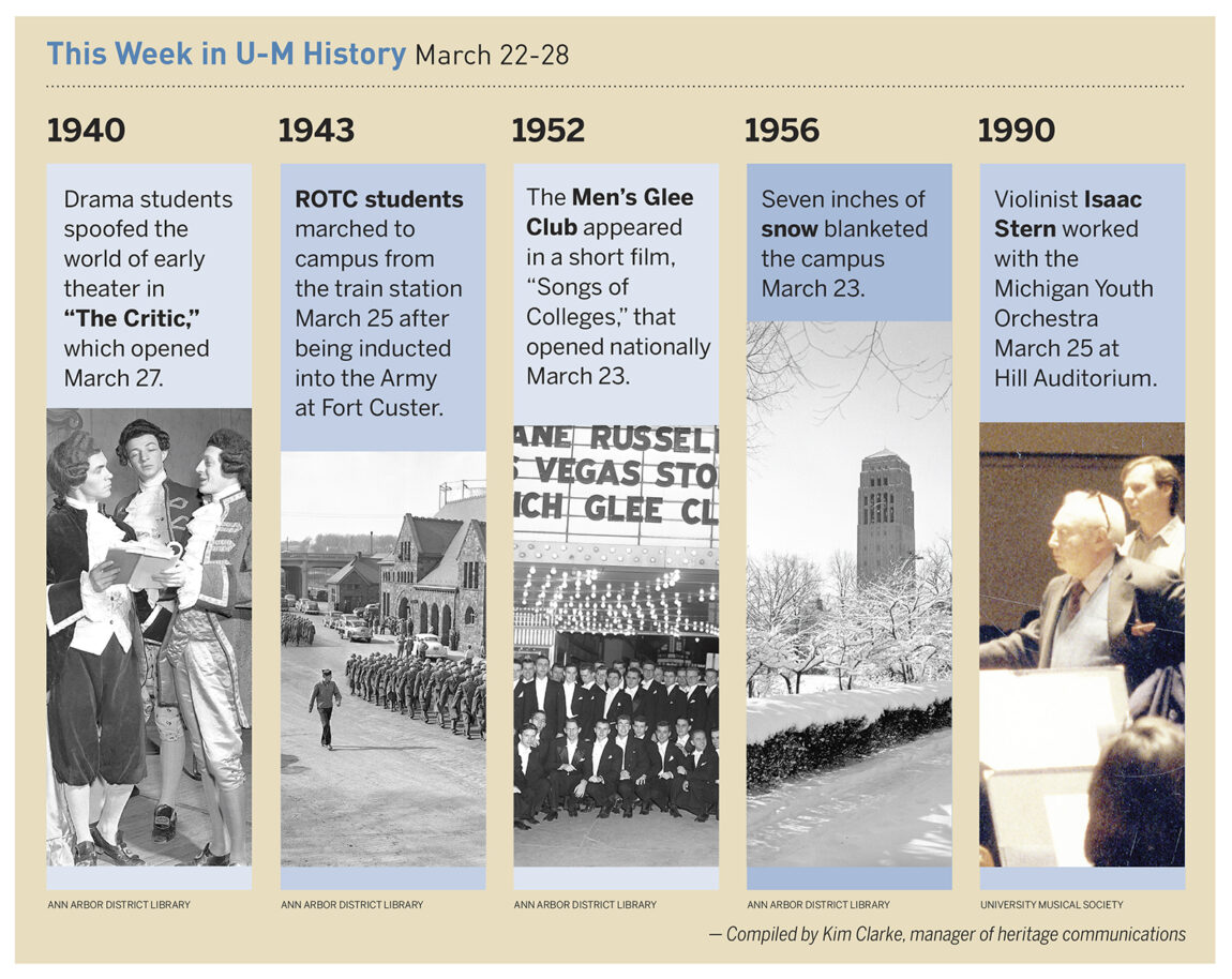 Three days into spring on March 23, 1956, 7 inches of snow blanketed campus. Read about some of the other things that happened in U-M history during the week of March 22-28.