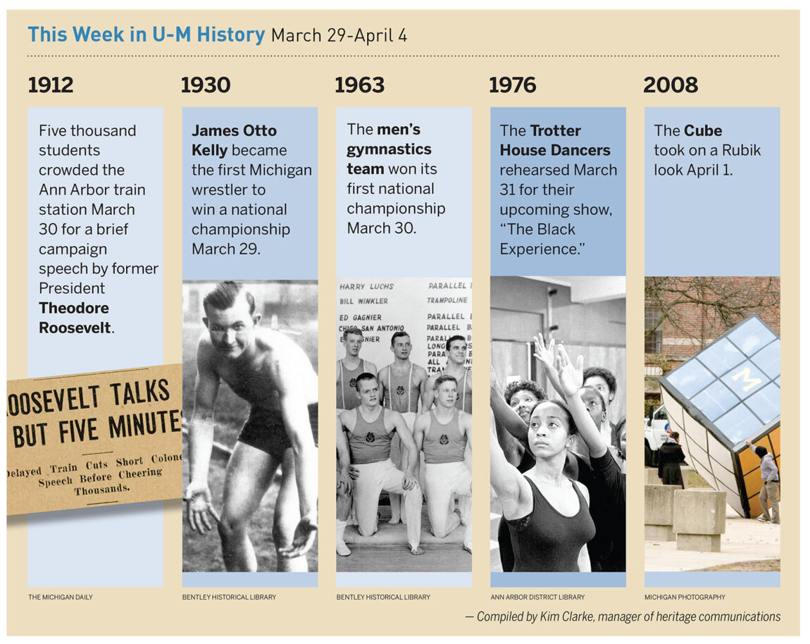 On April 1, 2008, the Cube took on a look similar to that of a Rubik's Cube. Read about some of the other things that happened in U-M history during the week of March 29-April 3.