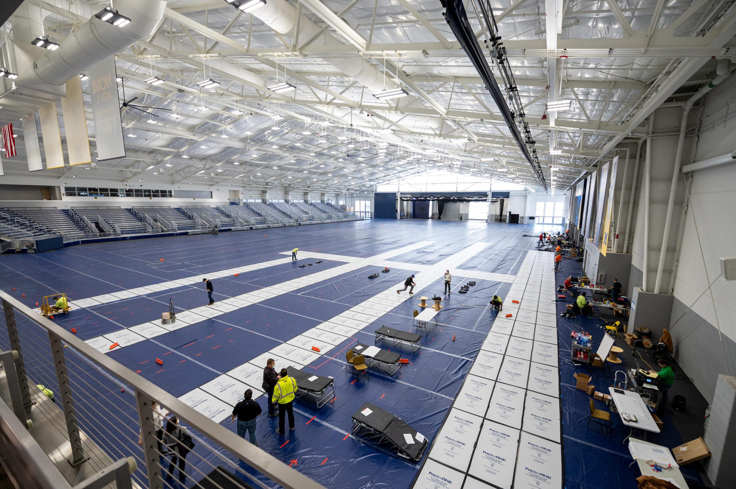 U-M Indoor Track Building at the Athletic Campus South Complex being converted into a field hospital by Michigan Medicine. Image credit: Michigan Photography