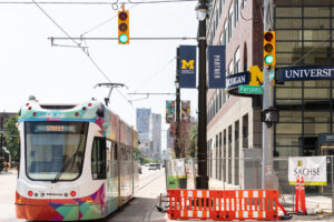 Taken around the U-M Detroit Center on Woodward, where our banners were placed in 2019. The banners express our approach to projects in Detroit. Image credit: Scott Soderberg, Michigan Photography.
