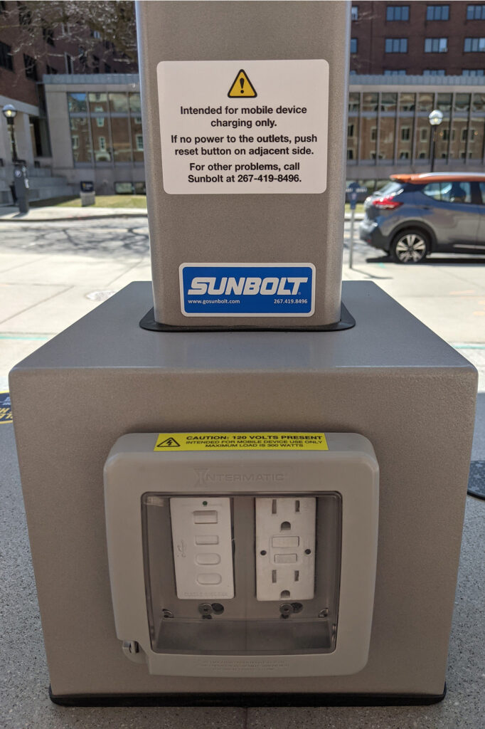 A closeup look at the charging ports at the solar-powered tables. 