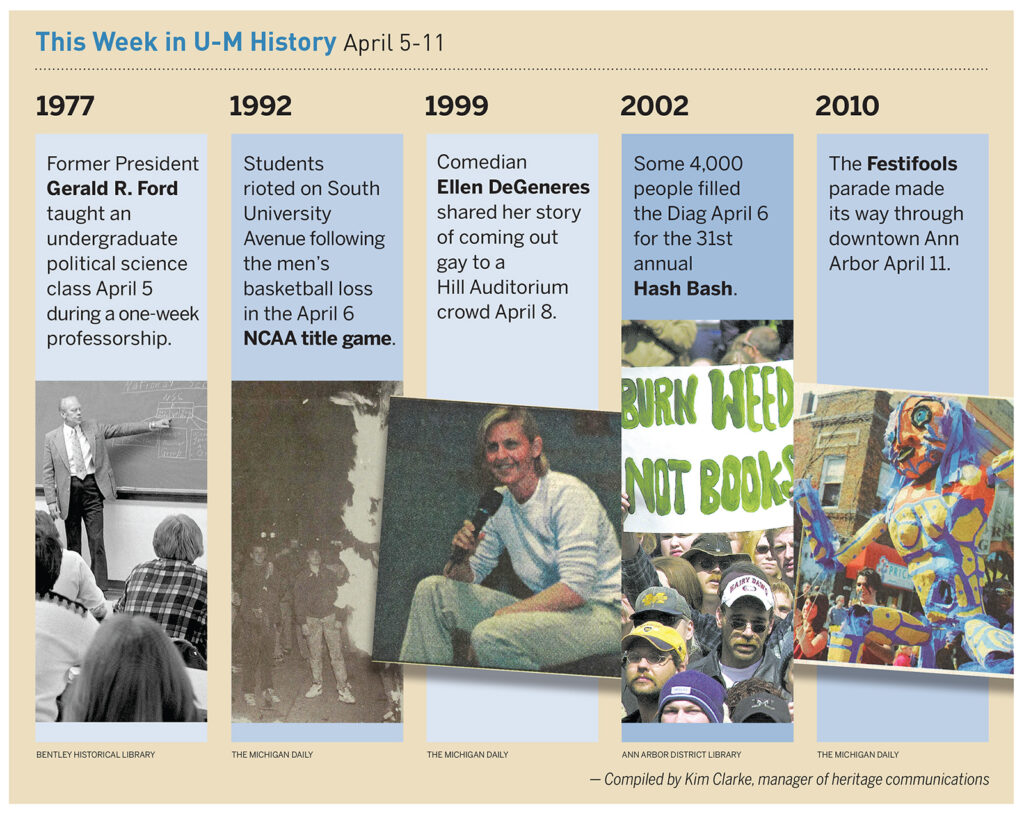 The Festifools parade made its way through downtown Ann Arbor on April 11, 2010. Read about some of the other things that happened in U-M history during the week of April 5-11. 