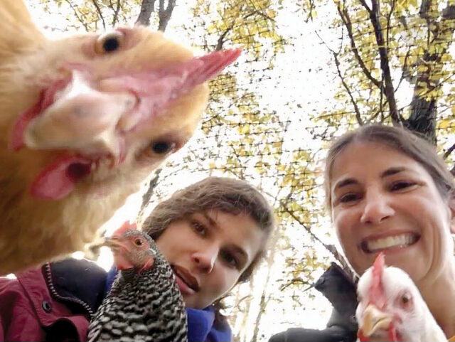 Margaret Wooldridge, professor of mechanical engineering and aerospace engineering, and her daughter, Julie, pose with three of the family's hens. (Photo courtesy of Margaret Wooldridge)