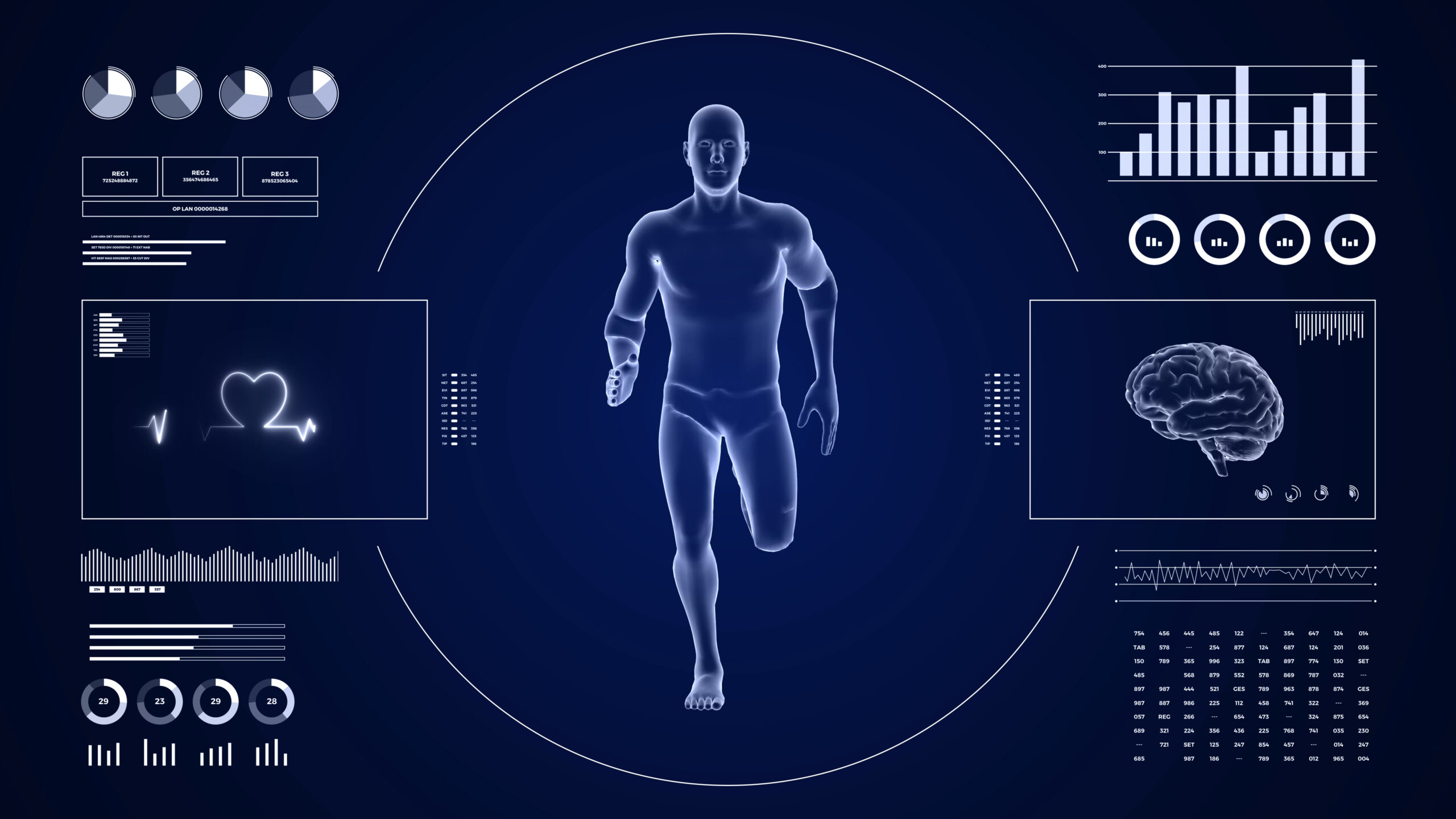 HUD display monitoring cardio running activity of man. Human male figure 3d in fitness motion. Infographics data and reports on digital sport interface. Image credit: Myvector, iStock