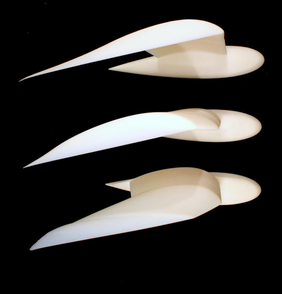 Side view of three 3D-printed gull wings that were tested in a wind tunnel to explore whether birds’ complex wing shapes would be beneficial for drones. Image credit: Christina Harvey, AIMS Lab, University of Michigan.