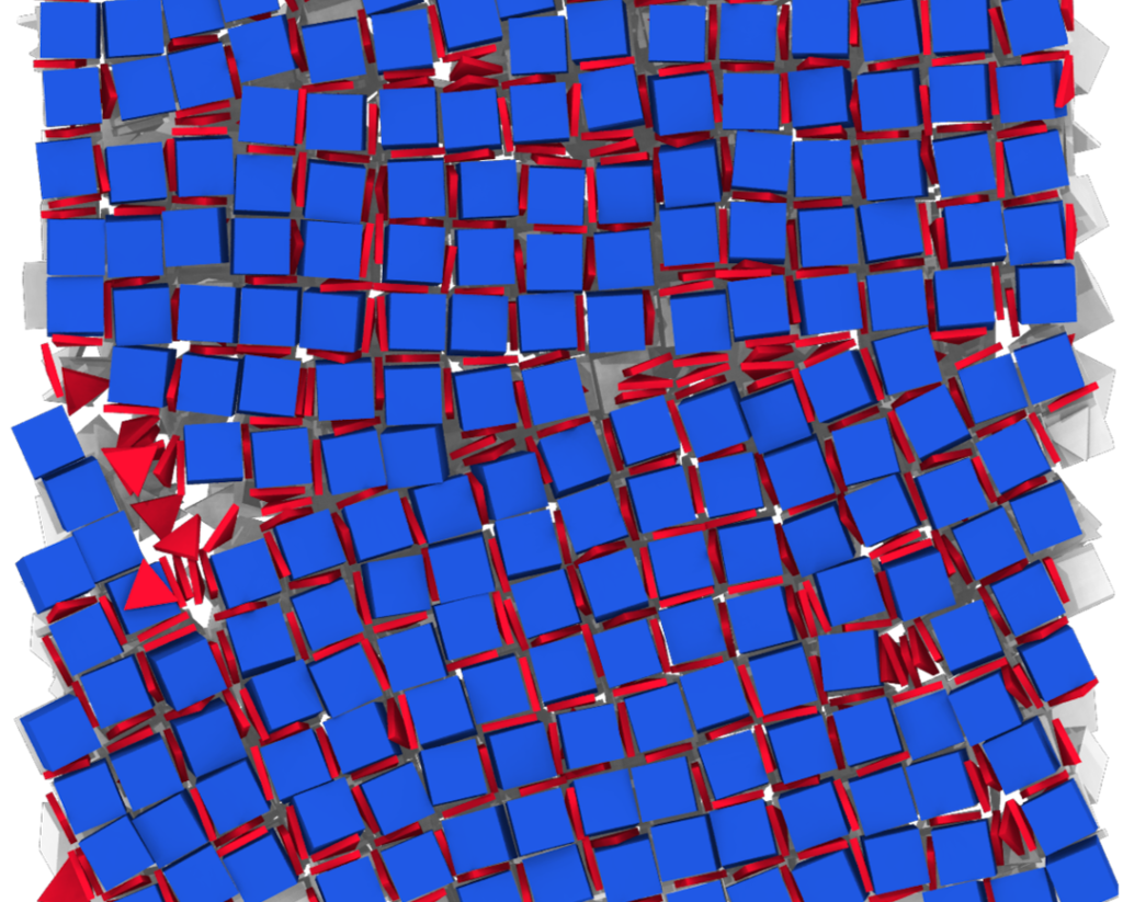 Computer simulations identified the conditions under which nanoscale cubes would self-assemble into a grid, incorporating flat triangular shapes between them. This technique could help enable new kinds of materials with new properties. Image credit: Glotzer Lab, University of Michigan