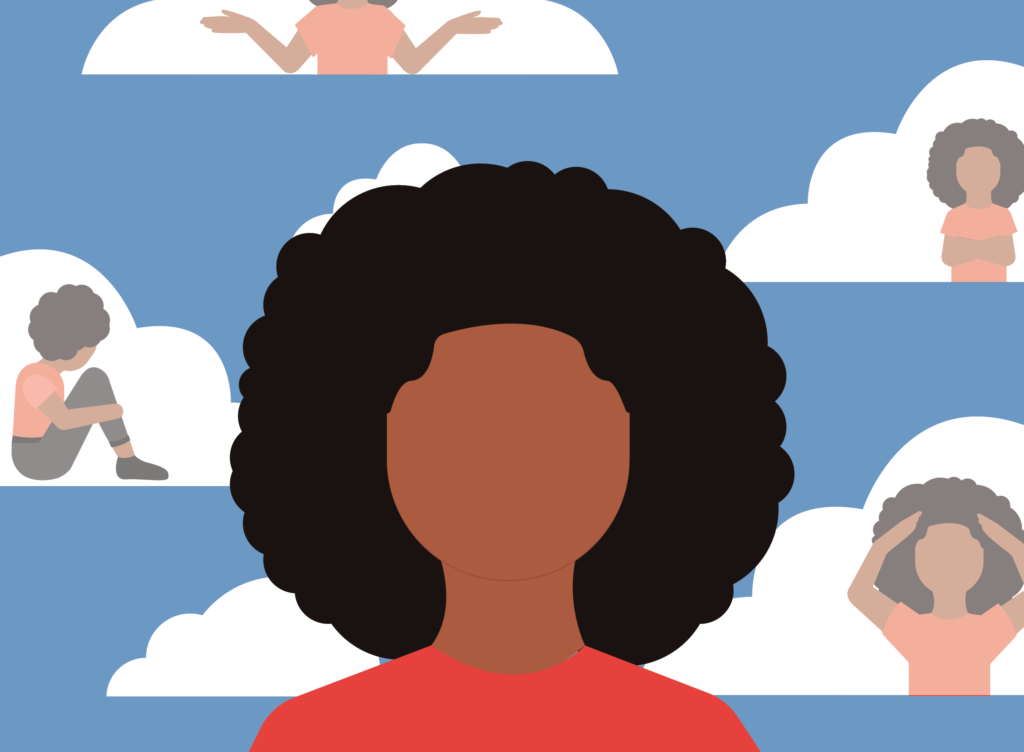 illustration of students in the sky representing different moods.