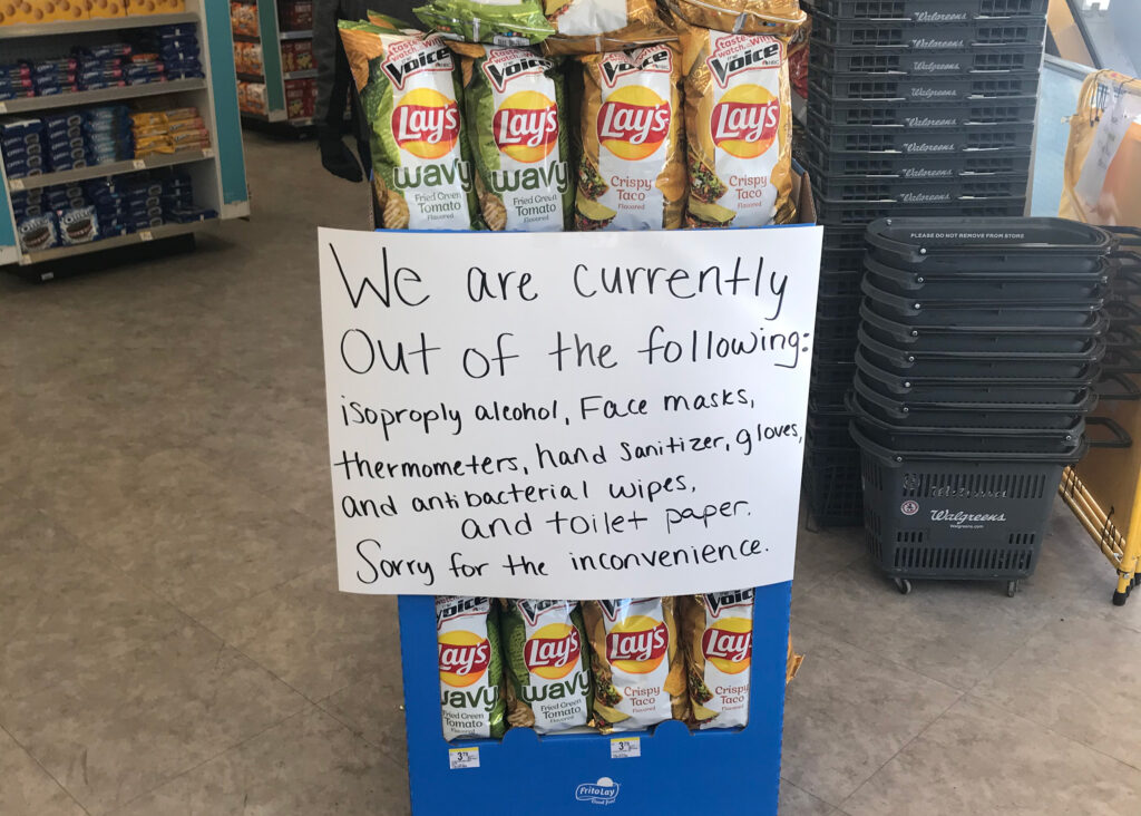 A Walgreens in Ann Arbor informed customers of items out of stock March 13, 2020. (Photo by Maxwell Barnes)